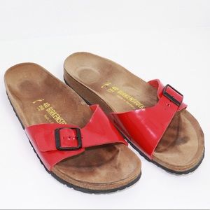 Birkenstock Red Madrid Patent Leather Shiny Strap Sandals Slides 40 or 9